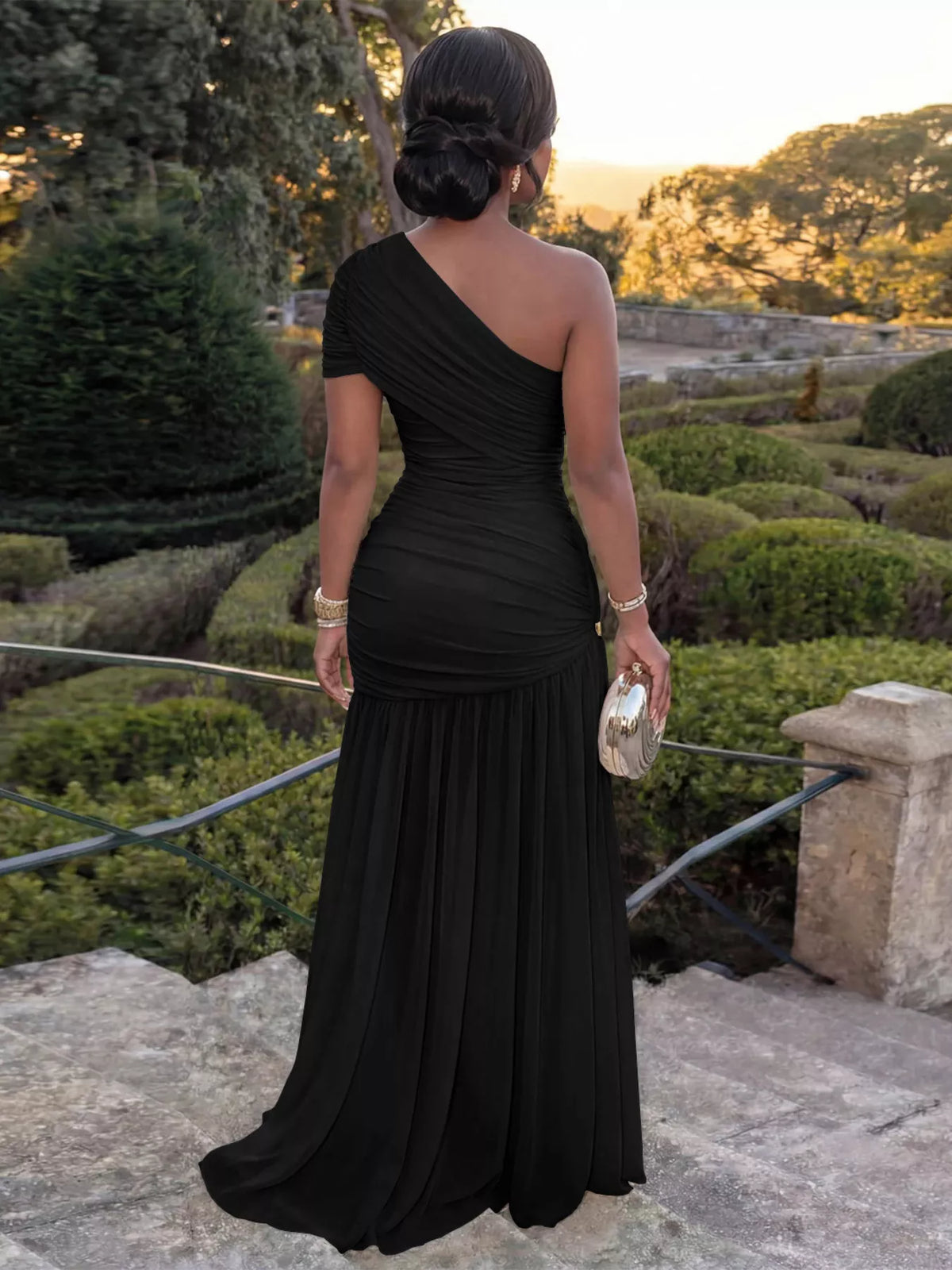 Kaia's One-Shoulder Ruched High-Slit Evening Floor-Length Dress