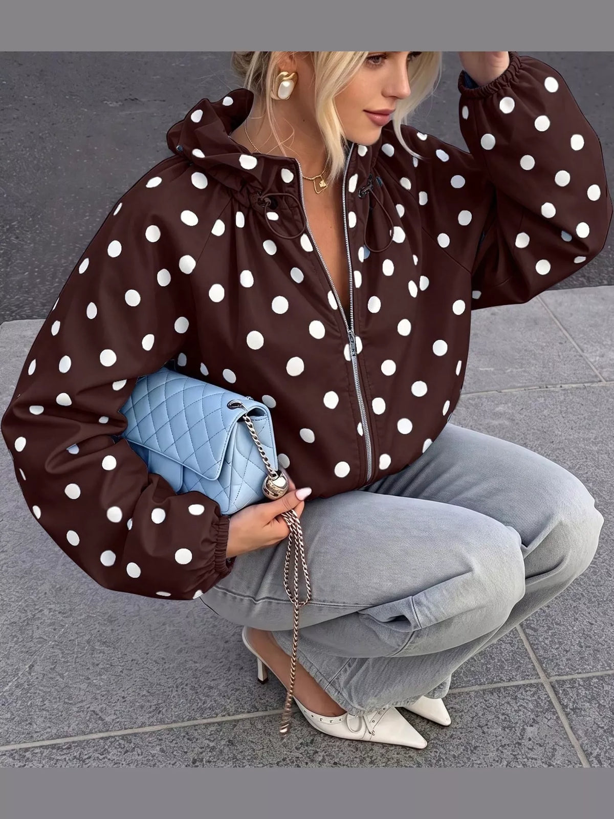 Polka Dot Zip Up Hooded Jacket