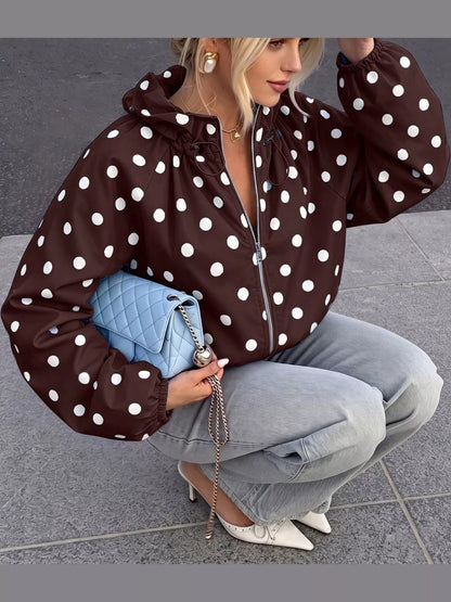 Polka Dot Zip Up Hooded Jacket