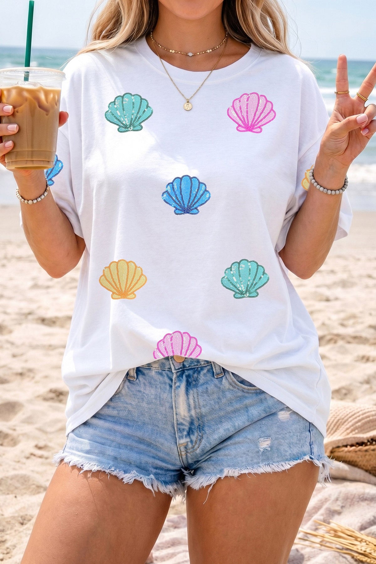 White Sequin Shell Graphic Summer Loose T Shirt