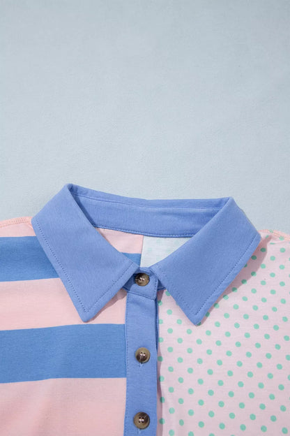 Striped Polka Dot Patchwork Polo Collar Long Sleeve Top