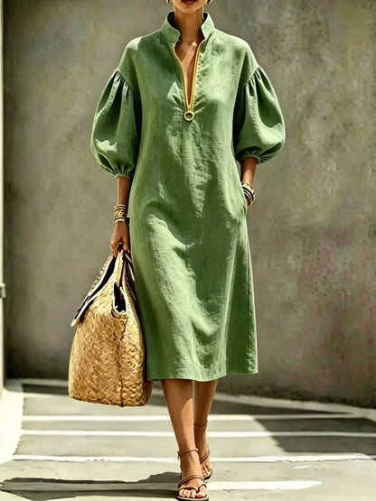 Half-Zip Puff Sleeve Midi Dress