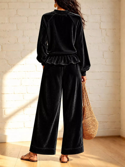 Velvet Ruffled Hem Top and Wide-Leg Pants Set