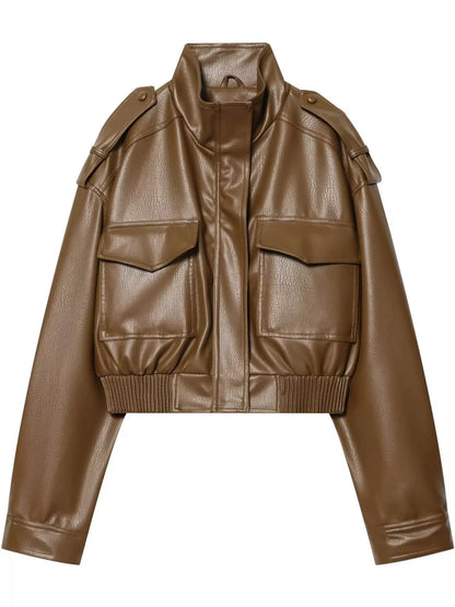 Faux Leather Cropped Bomber Jacket