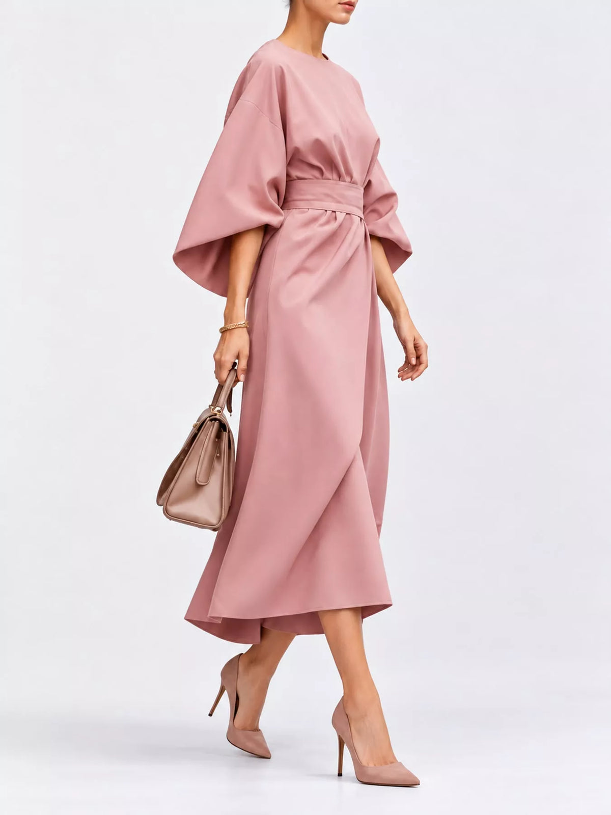 Full Sleeve Kimono Sleeves Round Neck Midi Dress Plus Size