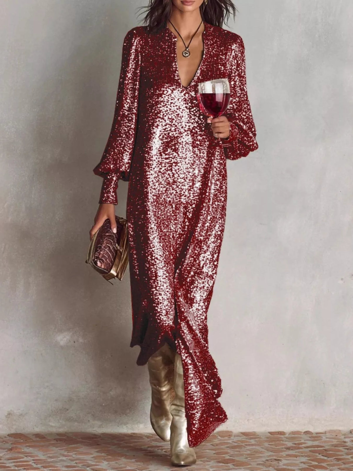 Aria's Sequin Notched Lantern Sleeve Maxi Dress