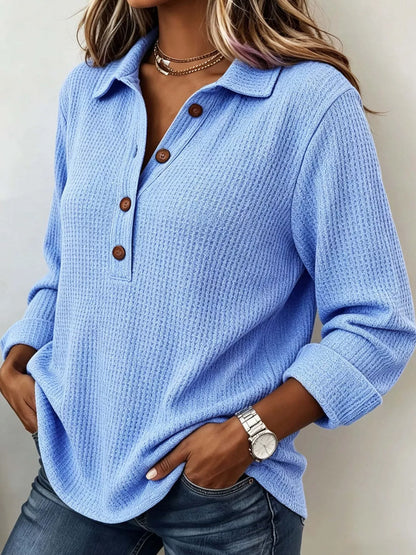 Full Size Waffle Knit Long Sleeve Polo Top Plus Size