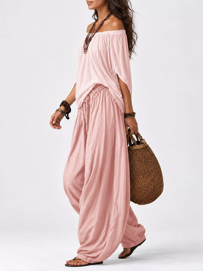 Full Size Off-Shoulder Top and Wide-Leg Harem Pants Set Plus Size