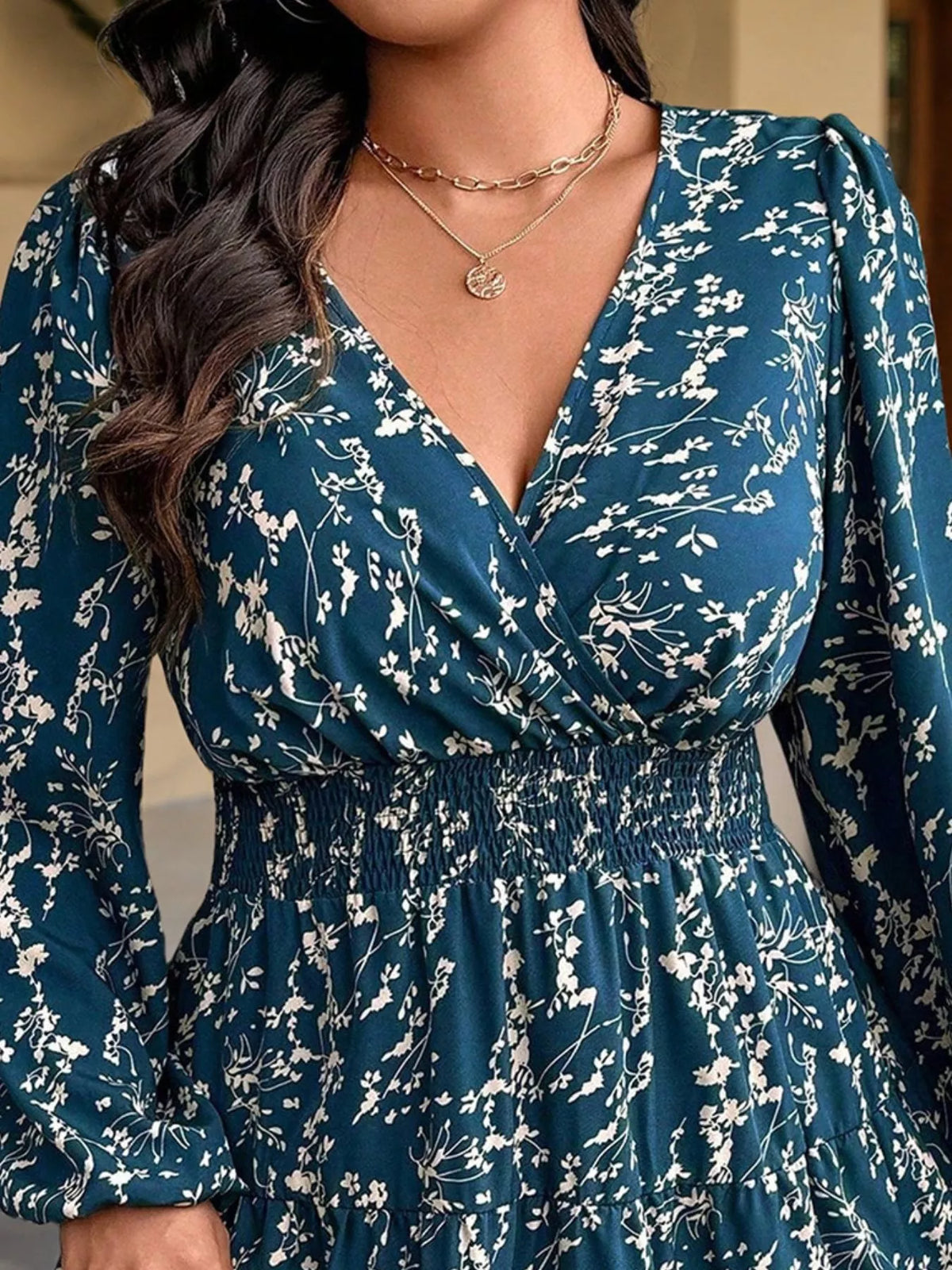 Full Size Floral Print Smocked Waist Long Sleeve Mini Dress Plus Size