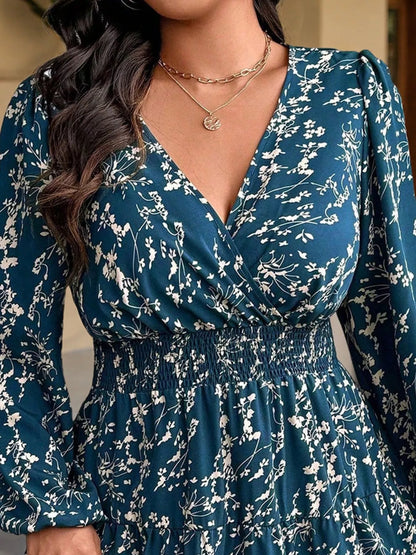 Full Size Floral Print Smocked Waist Long Sleeve Mini Dress Plus Size