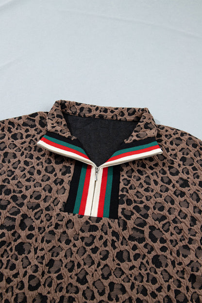 Brown Leopard Jacquard Striped Patchwork Half Zip Short Sleeve Blouse