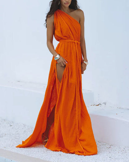 Casual Solid Color Slant Shoulder Split Braid Dress