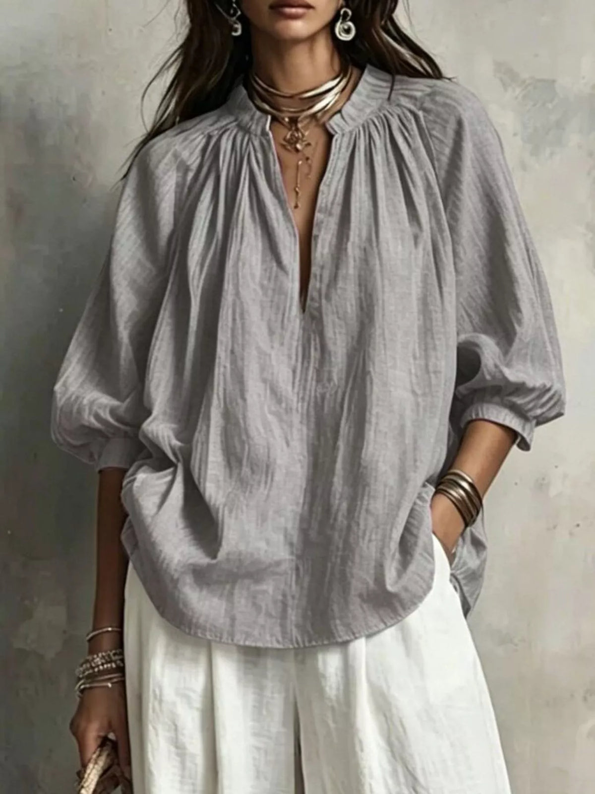 Notched Blouse and Wide-Leg Pants Set