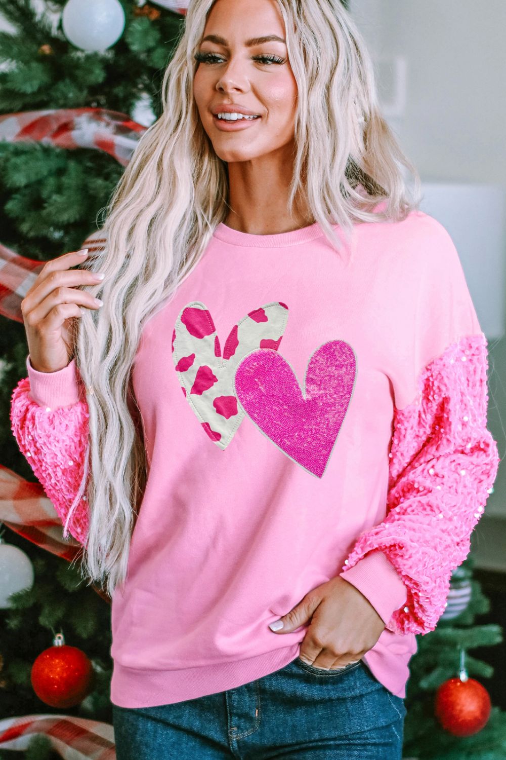 | Valentine’S Day Sequin Heart Long Sleeve Sweatshirt