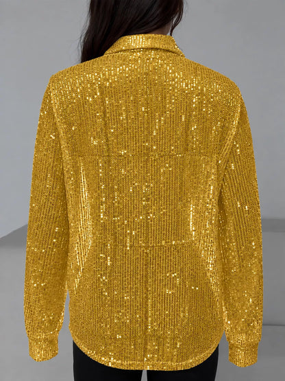 Full Size Sequin Button Up Long Sleeve Shirt Plus Size