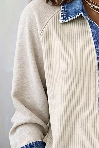 Ribbed Knit Denim Contrast Trim Top