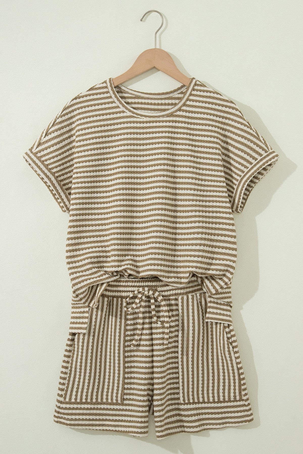 Brown Stripe Breathable Textured Knit Short 2pcs Set