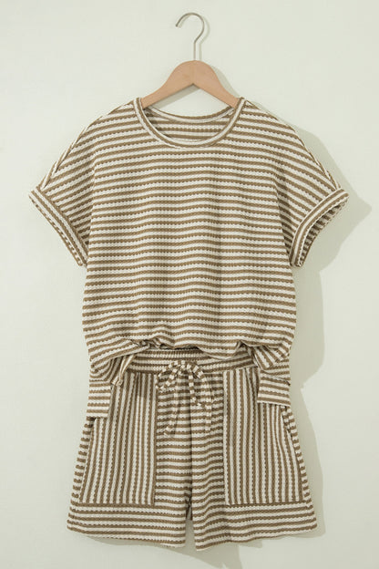 Brown Stripe Breathable Textured Knit Short 2pcs Set