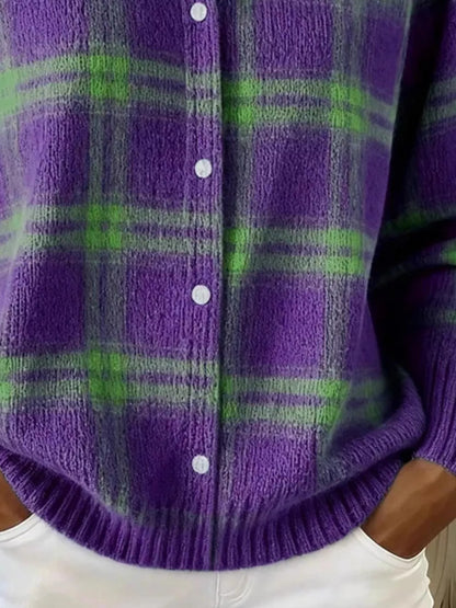 Full Size Plaid Button-Down Knit Cardigan Plus Size