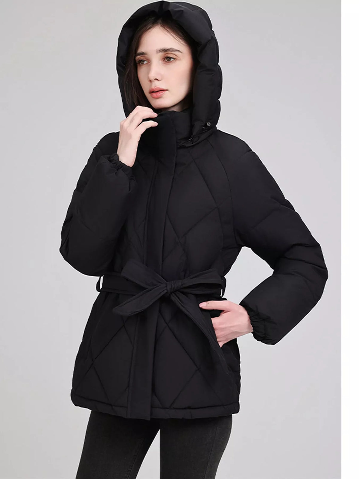 Quilted Waist Belt Hooded Puffer Outerwear