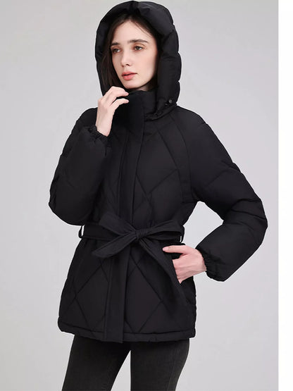 Quilted Waist Belt Hooded Puffer Outerwear