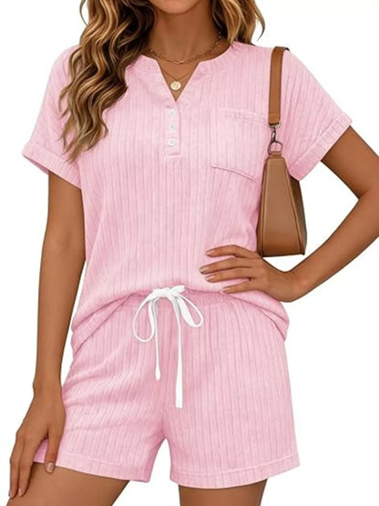 Casual Ribbed Knit Tee and Shorts Set