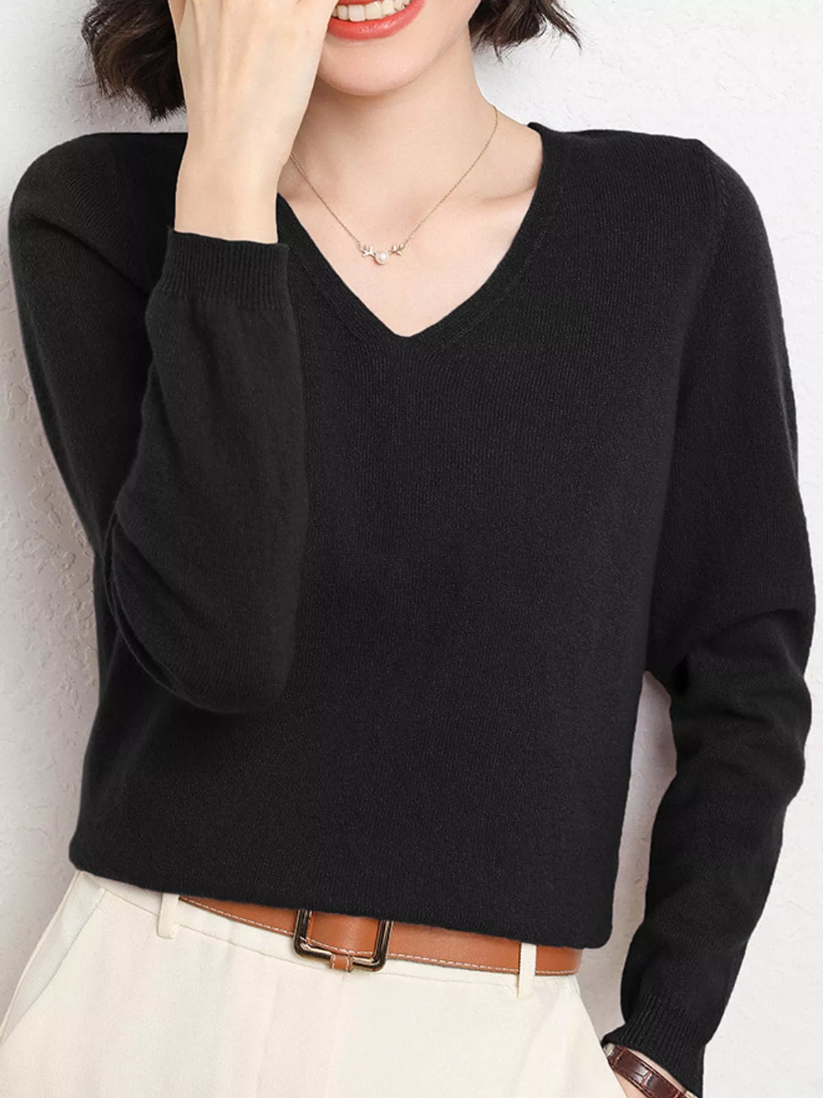 Elegant V-Neck Long Sleeve Soft Knit Top