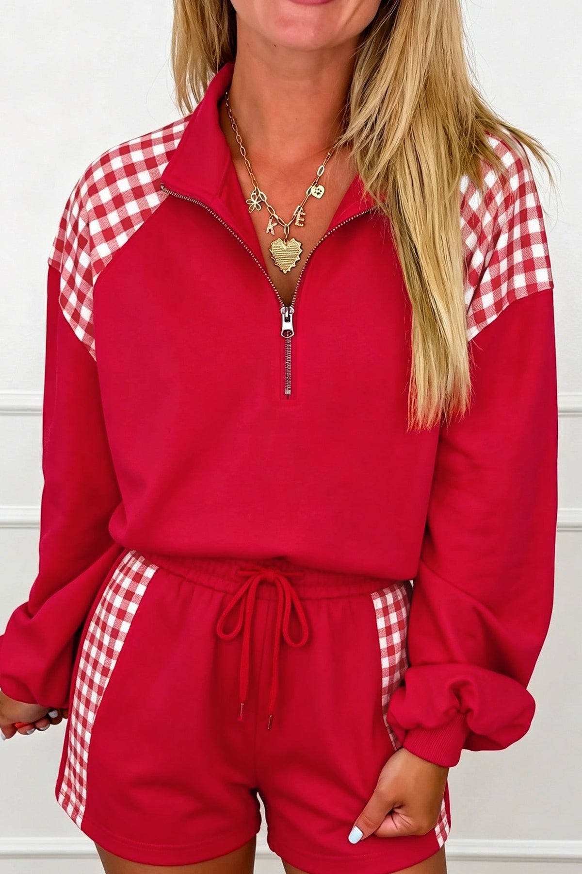 Bright Green Plaid Patchwork Half Zip Pullover Drawstring Short Set