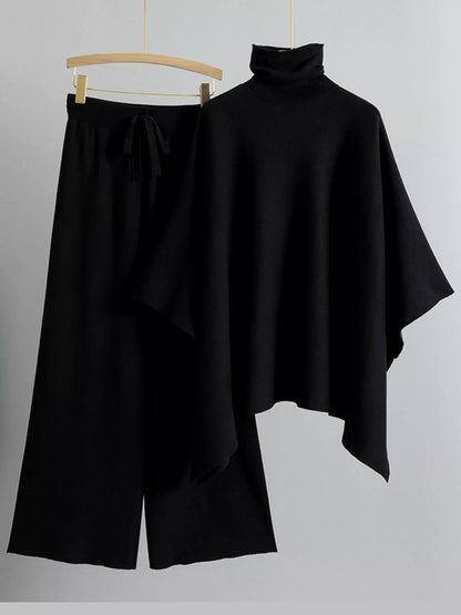 Turtleneck Poncho Pants Set with Wide-Leg Knit Pants