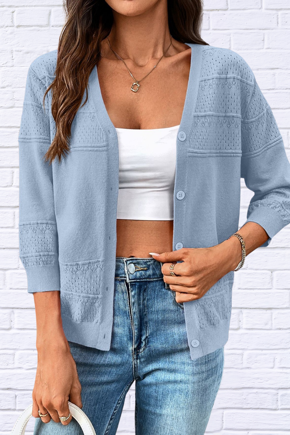 Textured Button-Front Cardigan with 3/4 Sleeves Light Blue S