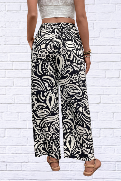 Printed Foliage Black and White Wide Leg Pants