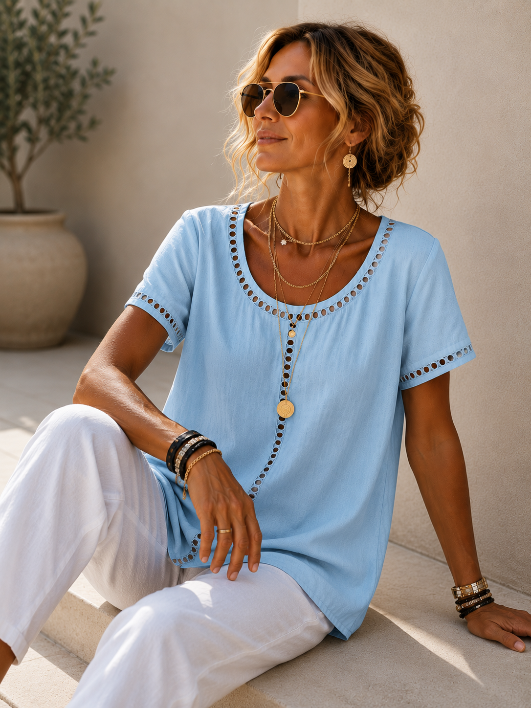 Lace Trim Blouse for Women | Boutique Top in Pink & Blue