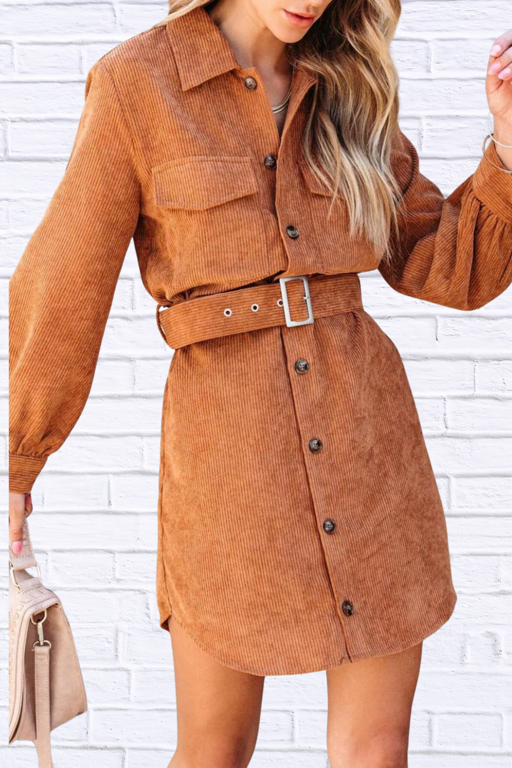 Button Front Belt Long Sleeve Corduroy Dress Light Brown