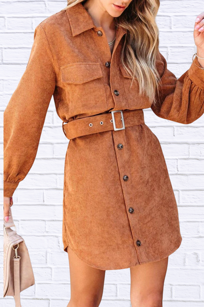 Button Front Belt Long Sleeve Corduroy Dress Light Brown