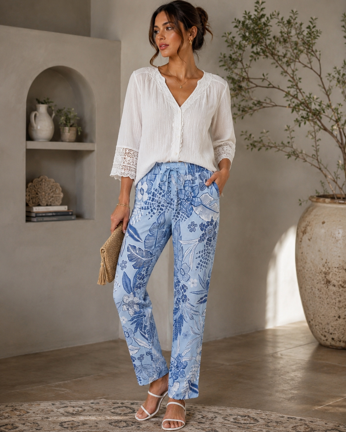 Blue Floral Wide Leg Pants for Women | Boutique Resort Style
