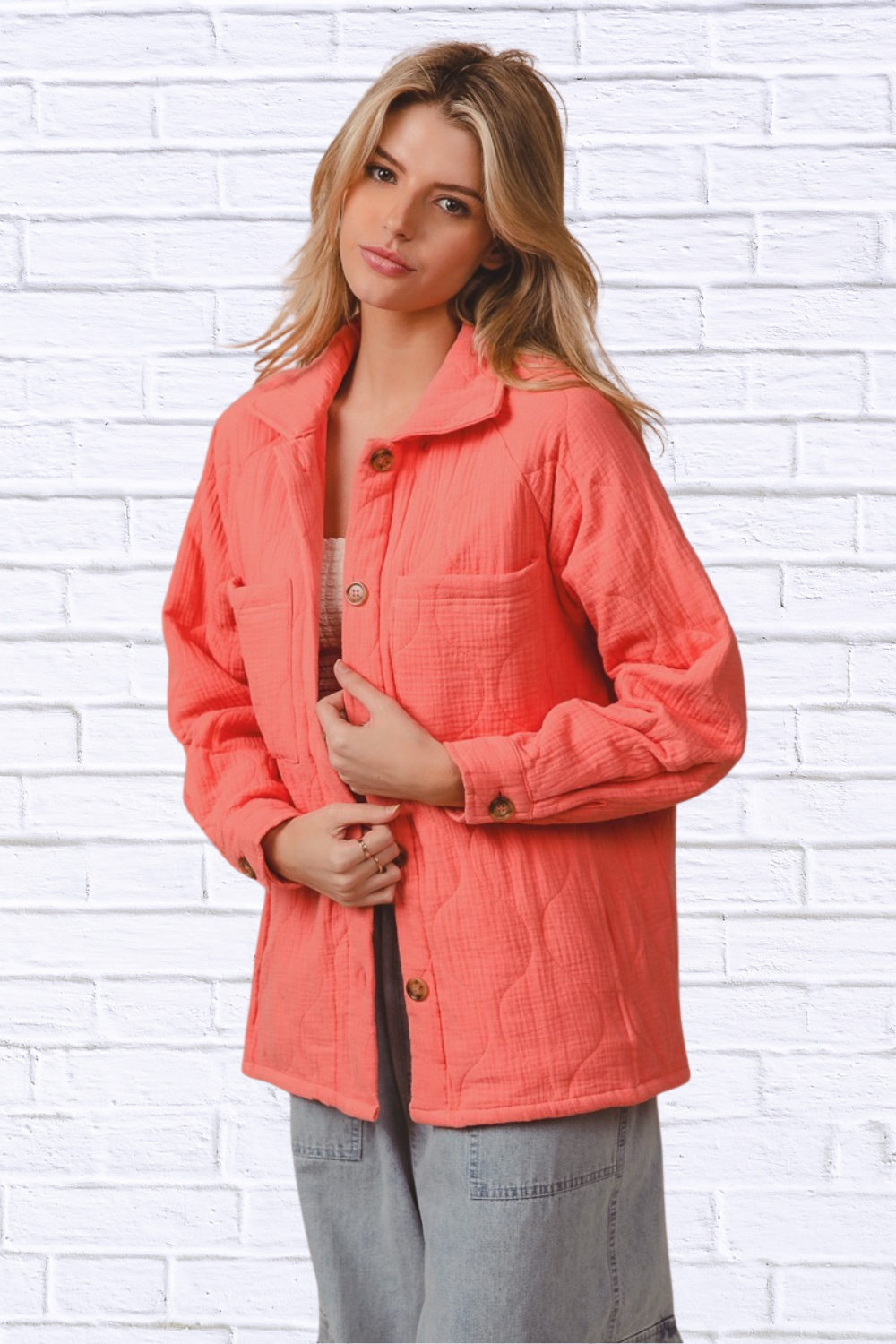 BiBi Quilted Wrinkle Gauze Long Sleeve Shacket CORAL L
