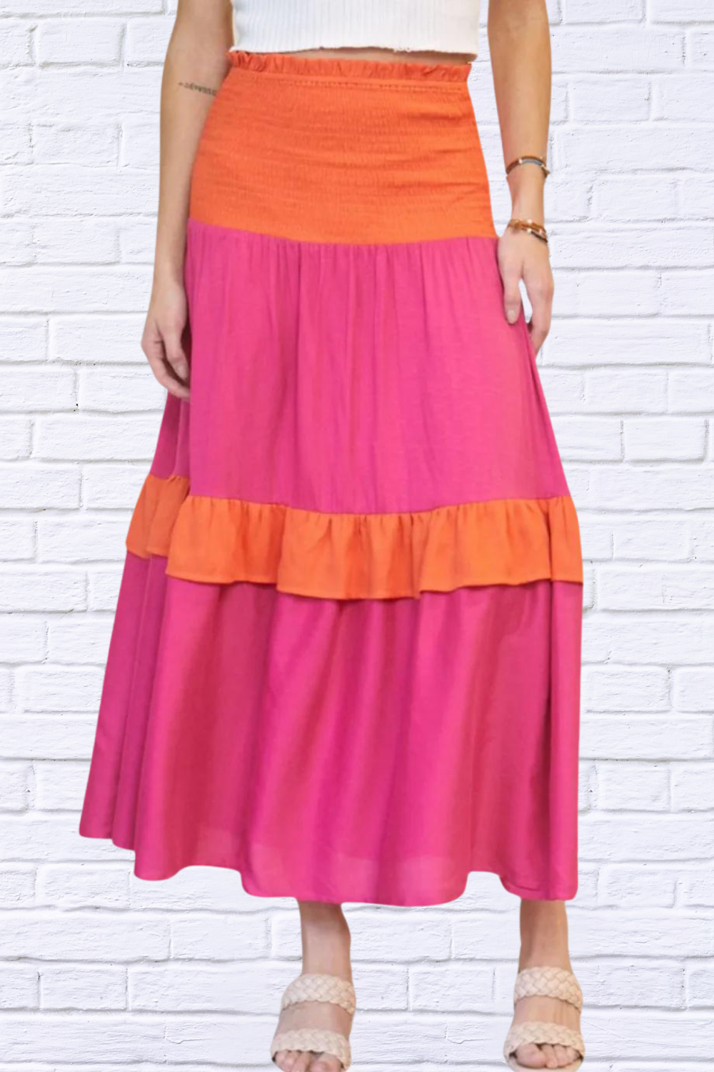 Hot Pink and Orange ColourBlock Smocked Ruffle Maxi Skirt