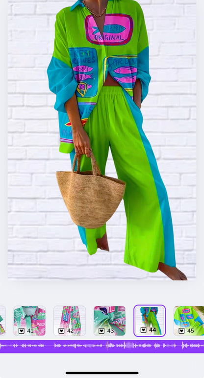 Fun, Bold, Eye-Catching Long Sleeved Elastic Waist Pants Set – Lime Green and Turquoise