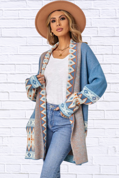 Aztec Print Open Front Knitted Cardigan Blue