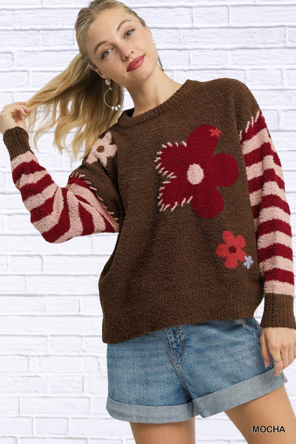 Flower Jacquard Striped Long Sleeve Sweater Mocha