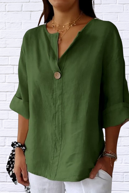 Full Size Linen Blend Notched Blouse Plus Size Green
