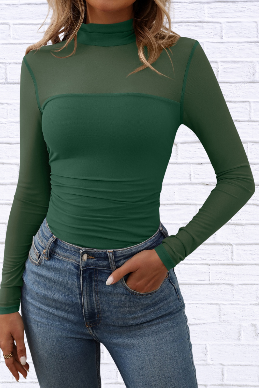 Mock Neck Long Sleeve Top Dark Green