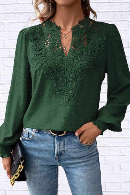 Swiss Dot Lace Detail Long Sleeve Blouse Black Forest 2XL