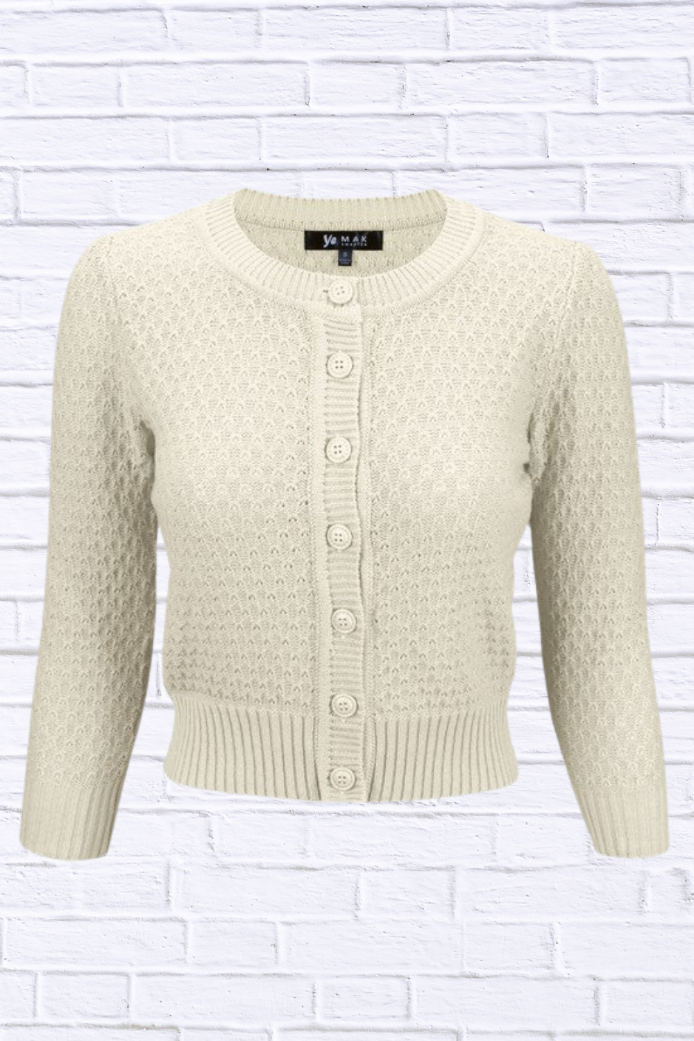 3/4 Sleeve Cute Pattern Cropped Cardigan Sweater Oatmeal