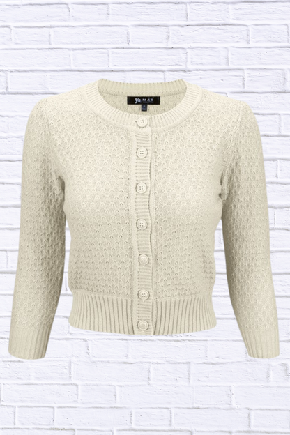 3/4 Sleeve Cute Pattern Cropped Cardigan Sweater Oatmeal