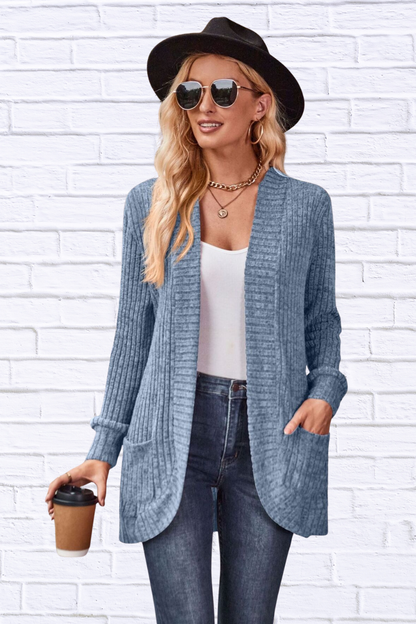 Ribbed Open Front Long Cardigan with Pockets Sky Blue