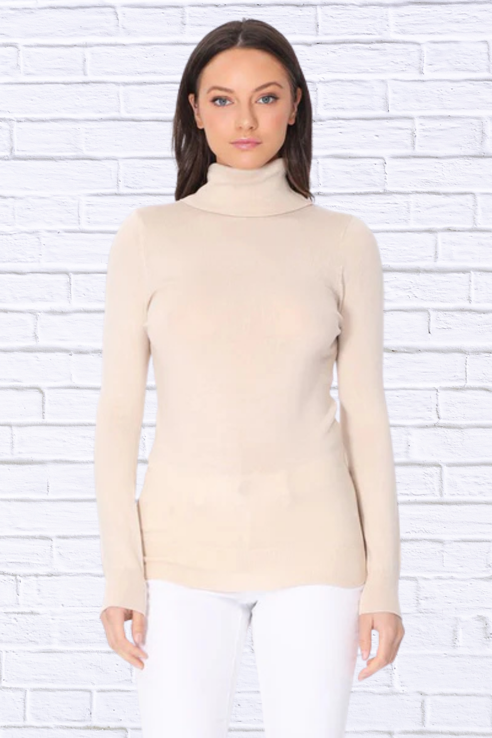Turtleneck Spandex Stretch Pullover Sweater Ivory