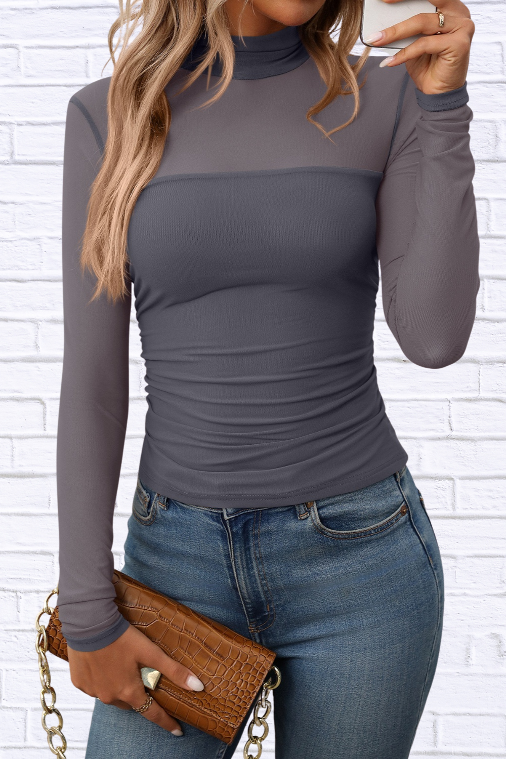 Mock Neck Long Sleeve Top Gray Blue