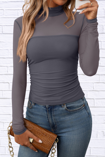Mock Neck Long Sleeve Top Gray Blue