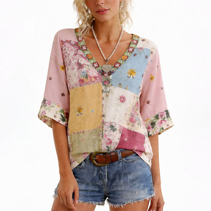 Angela - Women's Patchwork Floral V-Neck Blouse